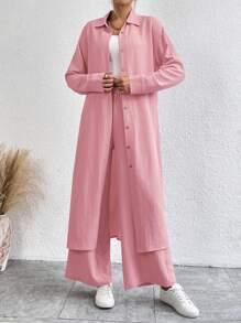 SHEIN LUNE Women's Solid Color Drop Shoulder Long Sleeve Single-Breasted Long Shirt And Pants Casual 2 Pieces Set