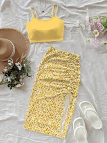 Soleia 女式短款吊带背心和高开叉抽绳腰裙套装，适合夏季度假，黄色碎花图案，加大码