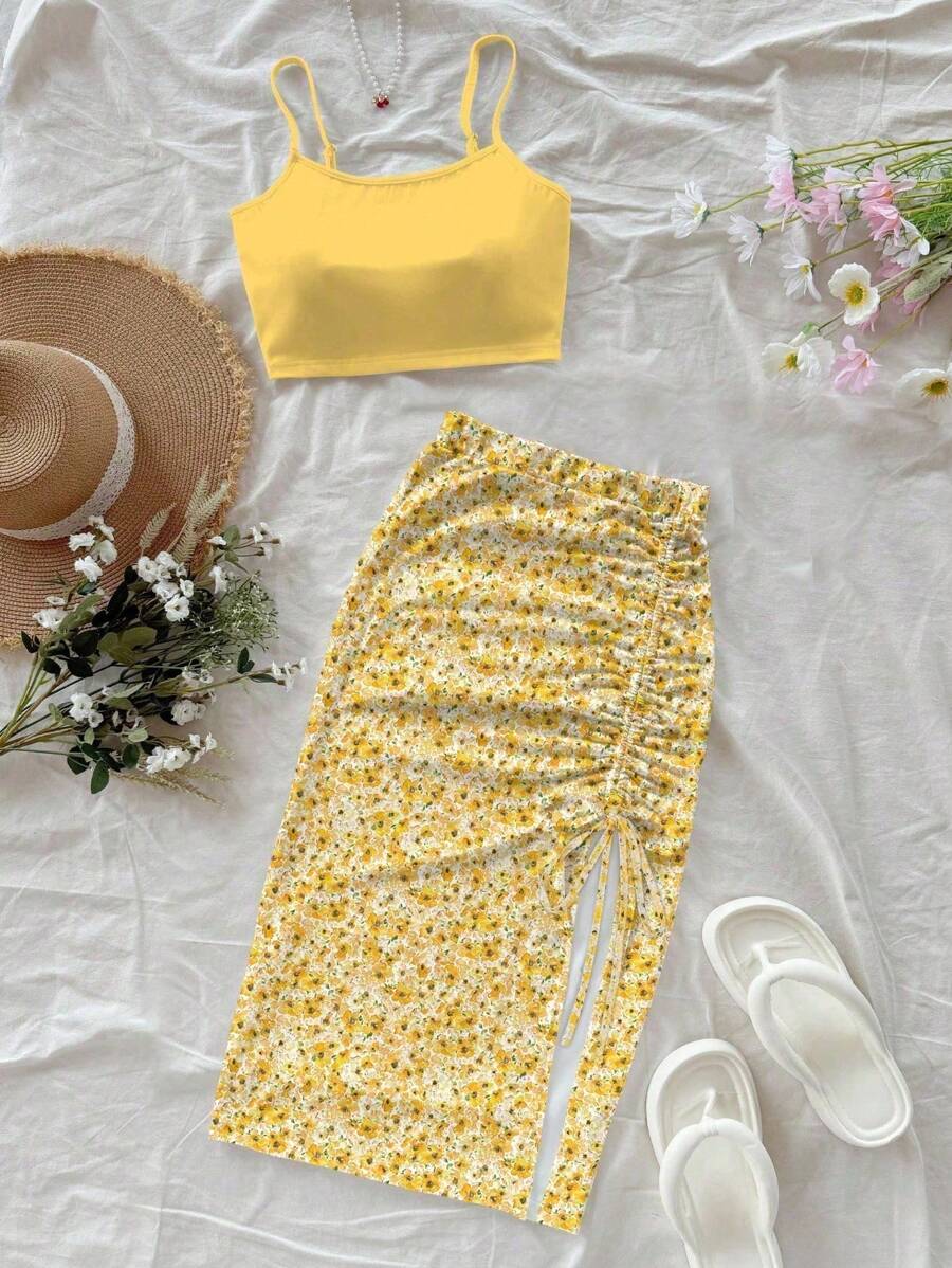 Soleia 女式短款吊带背心和高开叉抽绳腰裙套装，适合夏季度假，黄色碎花图案，加大码