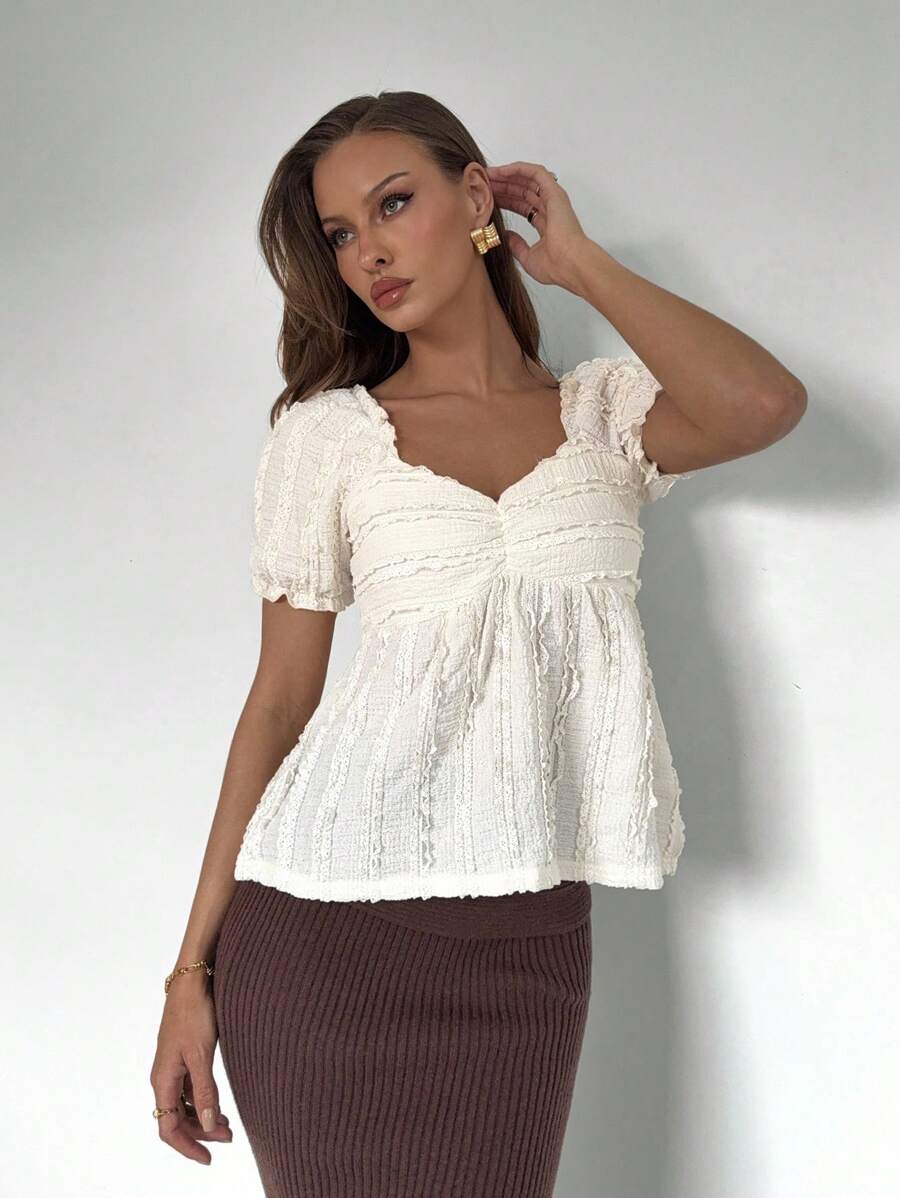 Breezaya Texture Fabric T-Shirt, Short Sleeve T-Shirt, Casual T-Shirt - Apricot - View 1