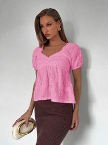 Roylia Textured Fabric Plain Sweet Heart Neckline Ruffle Hem Fashion T-Shirt - Pink - View 3
