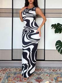 Rafferiza 女士扎染印花修身连衣裙，夏季长裙，绿色长款连衣裙女装 - 黑與白 - 查看 3