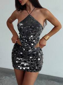 Aloruh Bộ đồ 2 món áo hai dây và chân váy mini đính sequin không đối xứng màu trơn gợi cảm dành cho nữ - màu đen - Xem 4