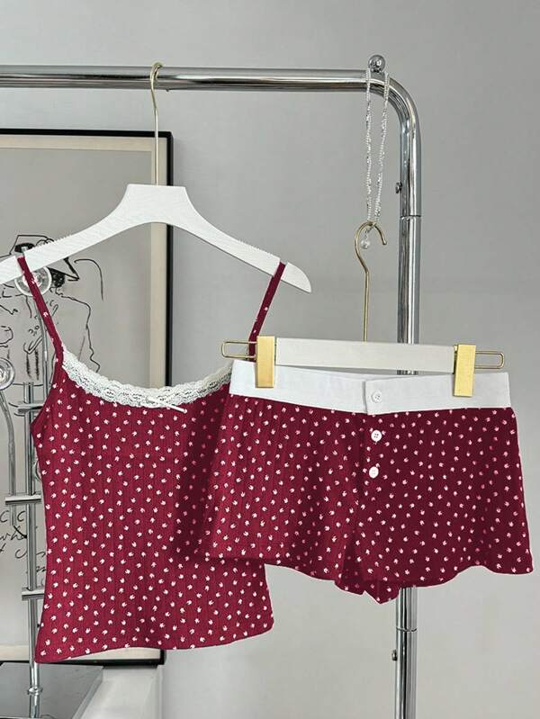 INAWLY 2pcs Women Polka Dot Lace Trim Camisole Top And Mini Shorts Set