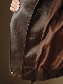 Anewsta Women's Retro Oversized Lychee Grain PU Leather Jacket