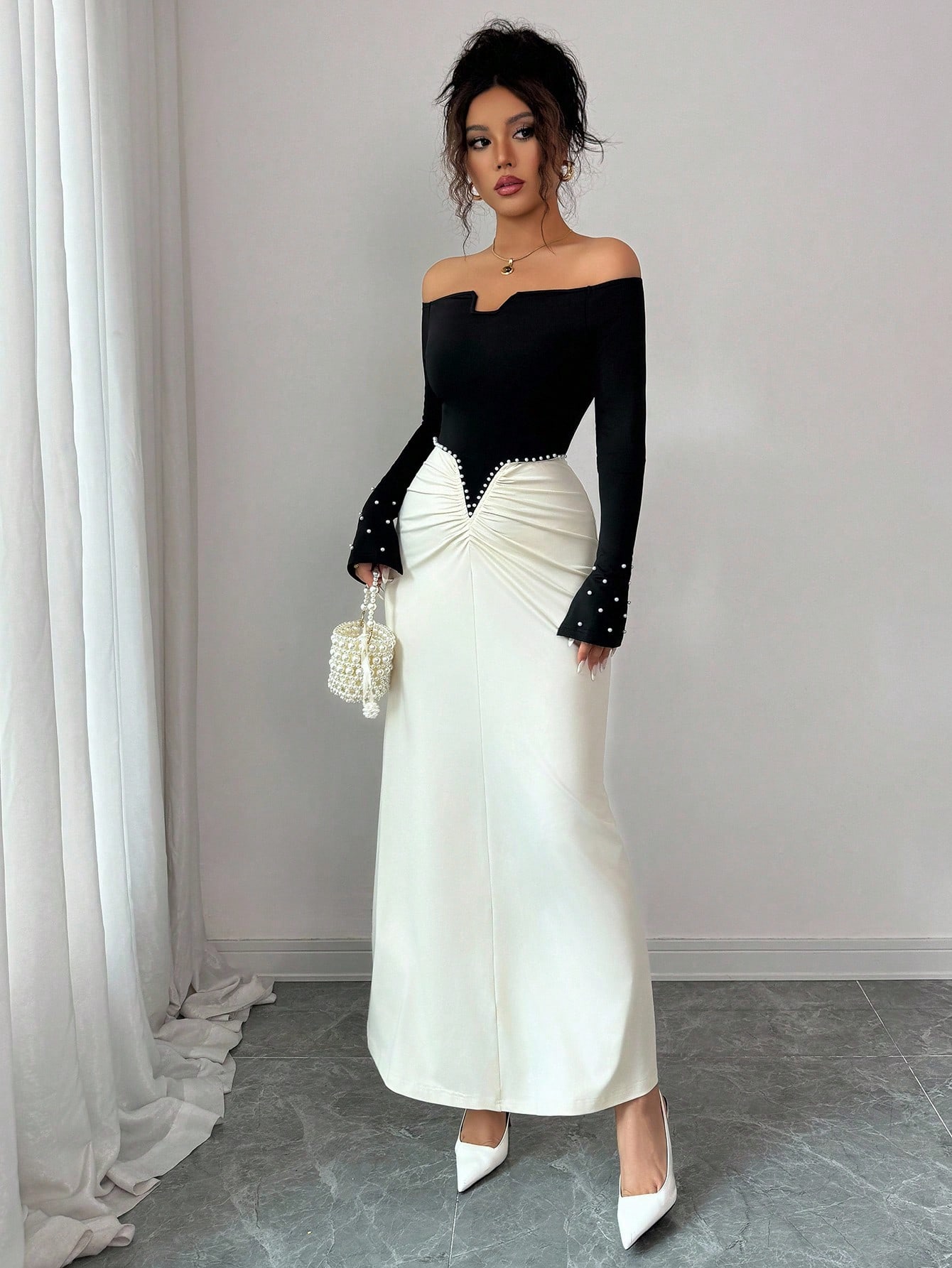 Elenzga فستان أنيق مناسب للسيدات مزين باللؤلؤ، خصر...