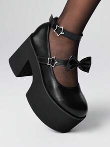 ROMWE Grunge Punk 女士高跟玛丽珍鞋，朋克风格，铆钉，金属扣和蝴蝶结设计，黑色厚底高跟鞋，适合派对、日常穿着、晚礼服，增高显腿长，舒适百搭 - 黑色 - 查看 3