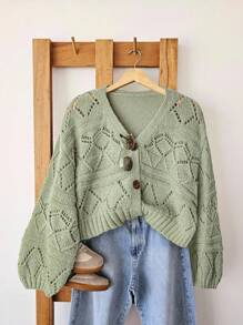 SHEIN LUNE 女士休闲纯色镂空针织开衫 - 綠色 - 查看 1