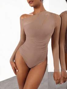 Cheerfulab Asymmetrical Keyhole Off-Shoulder Sheer Mesh Bodysuit Women Vacation Spring & Summer Beach - Khaki - View 1