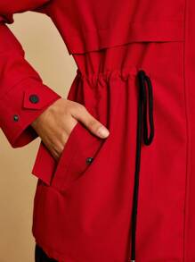 SHEIN VCAY 大码女式户外徒步防水连帽收腰长袖口袋夹克，适合秋冬季，红色 - 紅色 - 查看 9