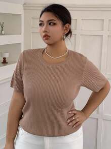 Dazy Plus Suéter holgado de punto de manga corta con cuello redondo y unicolor para mujer de talla grande - Caqui - Ver 6