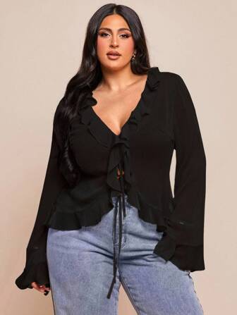 SHEIN BAE Plus Size Women's Early Spring Elegant Chiffon Blouse With Ruffle Hem, Long Sleeve, Suitable For Romantic Dates, Hangouts With Friends, Vacation Activities, And Everyday Graceful Outings/ Plus Size Black Tops/ Plus Size Ruffle Top/ Plus Size Tie Front Blouse,Fall Clothes For Women