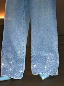 SHEIN MOD Calça jeans feminina folgada e casual com bolsos, calça larga com lantejoulas bordadas - Azul - Ver 6