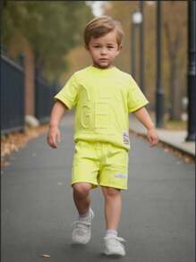 SHEIN 2pcs/Set Young Boy Summer Casual Solid Color Letter Embossed Short Sleeve T-Shirt And Shorts Set, School, Campus, College Summer Holiday - Yellow - View 3
