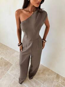 Aloruh 女士通勤修身连体裤 - 卡其色 - 查看 3