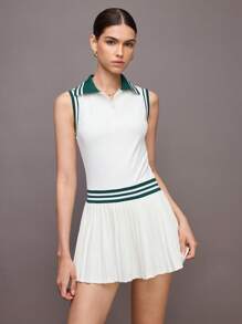 Activina 女式条纹领褶下摆无袖运动连衣裙 - 白色 - 查看 7