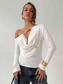 Aloruh Damen Einfarbig Schräge Schulter Langarm Lockerer Halsausschnitt Design Mode T-Shirt Sommer Sommeroutfits Sommerkleidung Strandoutfits für Frauen Strandurlaub Urlaubsoutfits Frau Boho Tropischer Urlaub Frau Kleidung