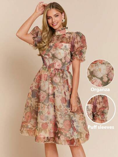 Amorya Elegant Women's Organza Floral Print Bubble Short Sleeved Waist Cinched A-Line Puffy Skirt Dress, Suitable For Various Occasions, Including Wedding Guests, Elegant Travel, And Daily Commuting Fall/Winter Women Clothes Back To School Modest Vintage Old Money Teacher Outfits For Women Airport
