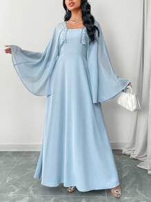 Yasmyna Women's Elegant Light Blue Maxi Dress With Square Neck And Long Bell Sleeves - Blue - View 5