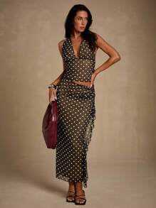 Glamine 2 Pieces Sets White And Black Color Wave Point Sexy V Neck Backless Asymmetrical Maxi Skirt Sets,Club Outfits,Women Fall Clothes,Streetwear,Concert Outfit,Date Night Outfits,Back To School Clothes,Going Out Set,Halloween Set