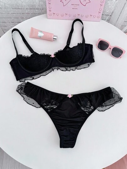 PetitDoll 2pcs Plus Size Women Sexy Lace Patchwork Lingerie Set