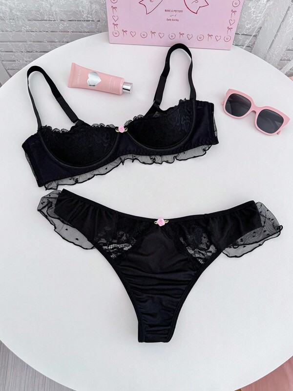 SHEIN 2pcs Plus Size Women Sexy Lace Patchwork Lingerie Set