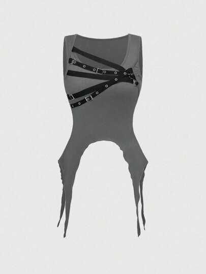 Grunge Punk ملابس علوية نسائية من الأسود بتصميم غير متماثل الذيل، بطراز بانك وظيفي مصنوعة من الأقمشة المحبوكة