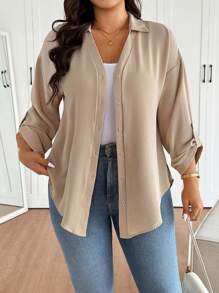 SHEIN Frenchy 大码女式白色雪纺衬衫，时尚宽松半透明休闲衬衫，2025年春夏新品 - 杏色 - 查看 1