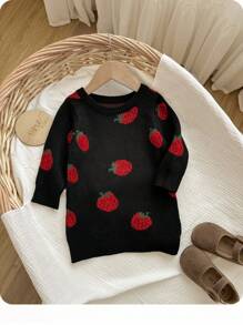 SHEIN Đầm dệt kim dài tay cổ tròn họa tiết dâu tây cho bé gái, quần áo trẻ em họa tiết dâu tây, áo len cho bé gái, áo len họa tiết dâu tây cho bé, quần áo mùa thu đông cho bé gái. - Nhiều màu - Xem 6