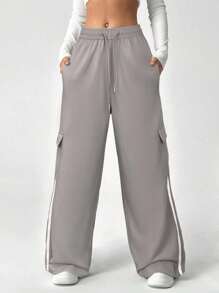 SHEIN EZwear 女式休闲灰色抽绳腰带条纹侧袋裤 - 灰色 - 查看 4