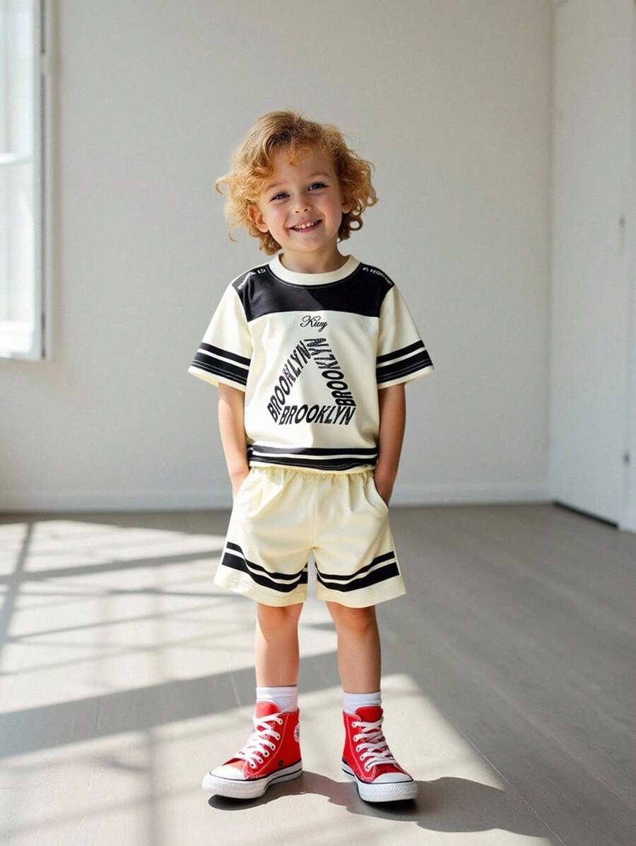 Explorewe 2pcs Young Boys Casual Fashion Colorblock Triangle Letter Print Black Striped Crew Neck T-Shirt And Elastic Waist Shorts Set, Loose Fit, Summer - Multicolor - View 1