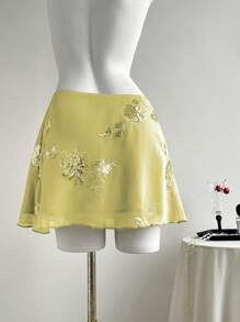 SHEIN LUNE 大码新款中式性感透视刺绣绿色短裙女黄色裙子女式夏季裙子花裙绣花裙雪纺裙 - 黃色 - 查看 2