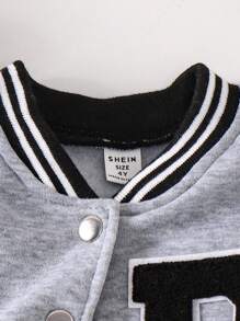 Back To School Fall Clothes Young Girls Fashion Letter Graphic Grey & Black Splice Long Sleeve Round Neck Casual Comfortable Baseball Jacket, Autumn/Winter - Black - View 7