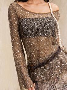 Easelle Damen sexy Flügelärmelige Pailletten durchscheinende lose T-Shirt, Gürtel nicht enthalten - Braun - Übersicht 7