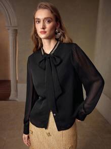 MOTF PREMIUM 纹理面料衬衫，饰有水钻和珠饰领口，黑色