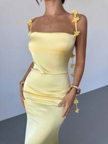 Firerie Vestido de verano elegante de mujer con camisola con flores 3D y espalda descubierta - Amarillo - Ver 3