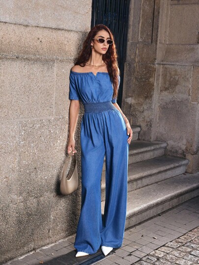 SHEIN Frenchy Women's Off Shoulder Short Sleeve Drawstring Waist Casual Denim Jumpsuit