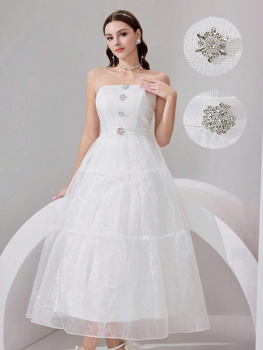 Poshira Robe de soirée élégante et bustier pour femme avec décoration de strass