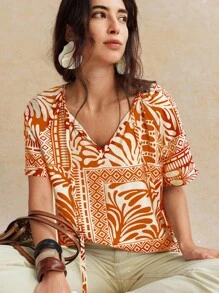 Écloséra Áo sơ mi nữ buộc dây phiên bản H bằng vải lanh giả in họa tiết cổ điển kiểu Pháp - Màu Cam san hô - Xem 4