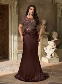 Aureia Plus Size Elegant Romantic Dark Brown Round Neck Sheer Sweetheart Neckline Luxury Beaded Hand-Embellished Sleeve Tassel Chain Satin Mermaid Hem With Train Dress, Suitable For Wedding, Party, Celebration Events, Formal Evening Gown - Coffee Brown - View 5