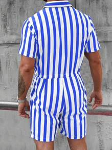 Manfinity Homme 男士条纹短袖单排扣抽绳腰口袋休闲连体裤男士条纹连体衣夏季男士连体衣 - 藍白色 - 查看 2