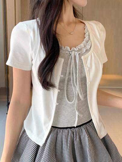 DAZY Dames zomer 2 in 1 ruche strik korte mouw T-shirt