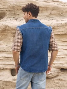 Manfinity Homme Áo vest denim sáng màu, viền tua rua, phong cách đường phố, xuân/hè - Rửa nhẹ - Xem 2