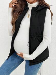 SHEIN 秋装，秋季服装，孕妇秋装，抽绳腰带拉链连帽背心黑色孕妇休闲外套 - 黑色 - 查看 8