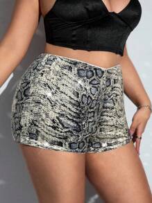SHEIN ICON Plus Size Fashionable Leopard Print Sequin Shorts, Summer - Black and White - View 5