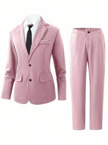 SHEIN Set de 2 piezas para adolescentes varones: Chaqueta estilo blazer a medida + Pantalón de vestir, conjunto formal, elegante, lujoso, apropiado para ocasiones de primavera y verano como fiesta de cumpleaños, gala, presentación, anfitrión, temporada de bodas (San Valentín, cumpleaños, boda, graduación, invitado de boda, pajecito, anillo de boda)
