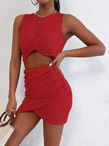 Breezaya Women's Solid Color Twist Waist Cutout Ruched Sexy Sleeveless Mini Dress - Red - View 7