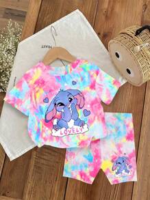 SHEIN 女宝宝可爱兔子卡通印花扎染圆领短袖T恤和针织打底裤可爱两件套，夏季 - 彩色 - 查看 3