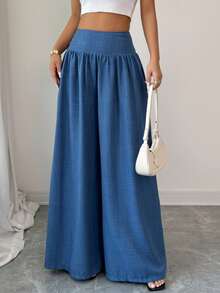 SHEIN LUNE 女式低腰牛仔蓝色垂坠面料侧扣设计优雅休闲度假氛围感恩节万圣节秋季新款时尚百搭小众设计宽松直筒阔腿长裤 - 藍色 - 查看 5
