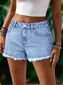 EMERY ROSE Plus Size Women's Casual Denim Frayed Hem Shorts For Summer - Light Wash - View 6
